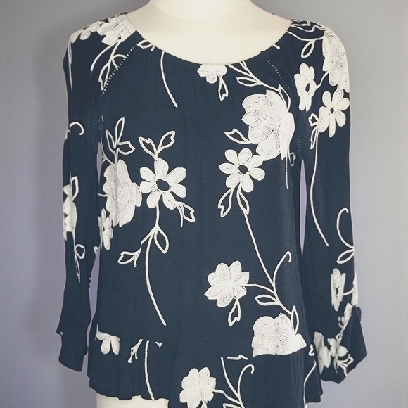 INC International Concepts Tops - I.N.C. International Concepts - Small White Embroidered Floral On Black Blouse